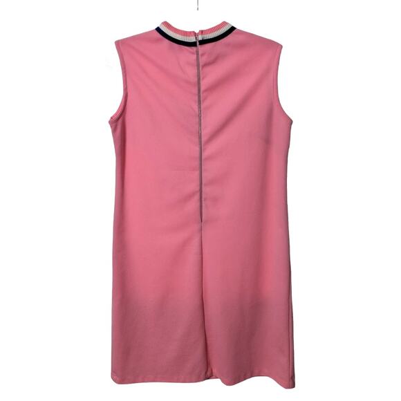 Vintage 60's Sleeveless Shift Dress Pink Striped Trim Neckline Polyester - Picture 2 of 7